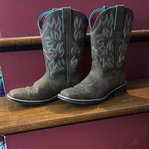 Ariat brown Suede Western Boots with Classic colorful Stitching
